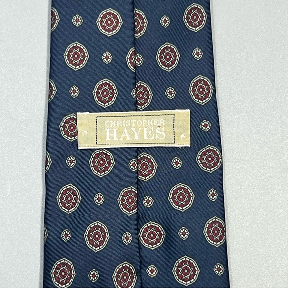 CHRISTOPHER HAYES SILK Neck Tie Mens Blue Red Geometric Casual Suit Medallion 57 - Picture 2 of 6